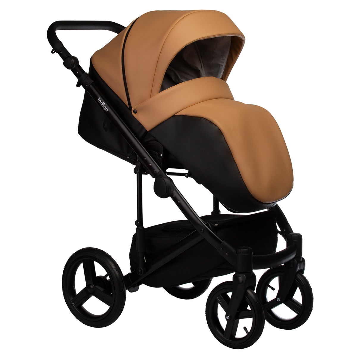 Коляска 2 в 1 Indigo Tour Eco, Te 05 (Черная кожа + Рыжая кожа)