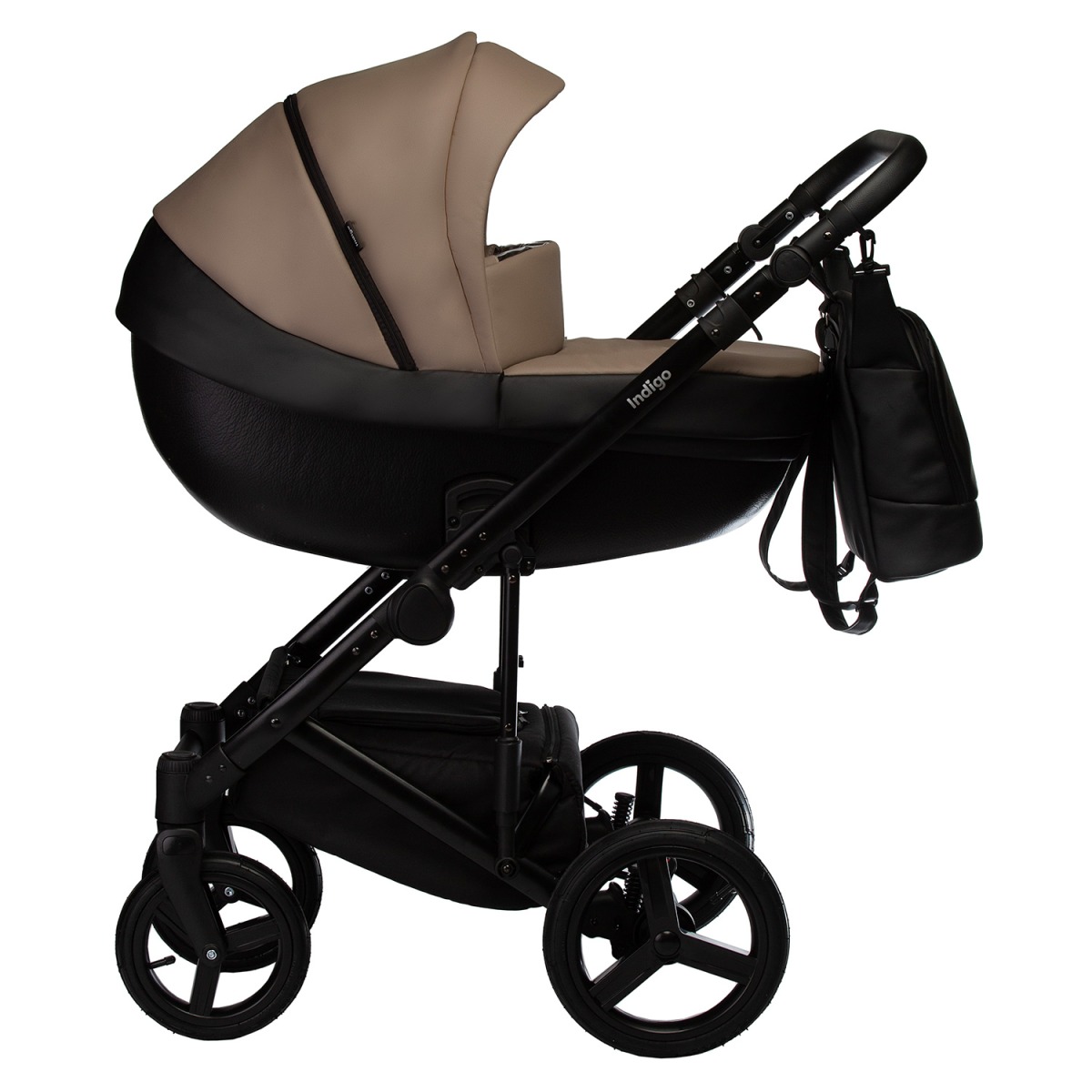Коляска 2 в 1 Indigo Tour Eco, Te 04 (Черная кожа + Темно-бежевая кожа)