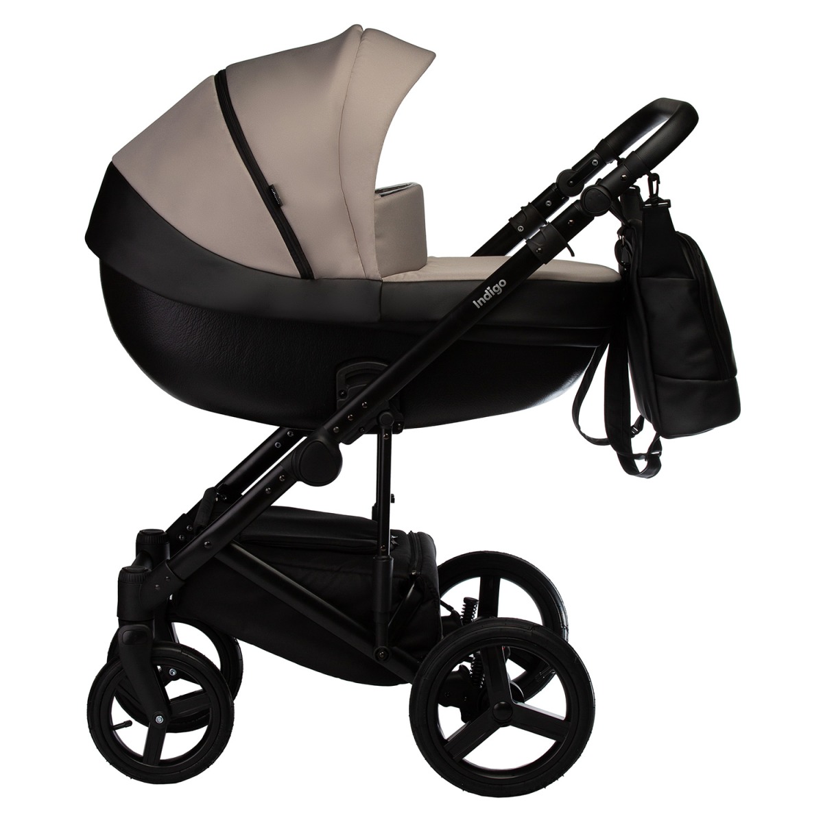 Коляска 2 в 1 Indigo Tour Eco, Te 09 (Черная кожа + Серо-бежевый)