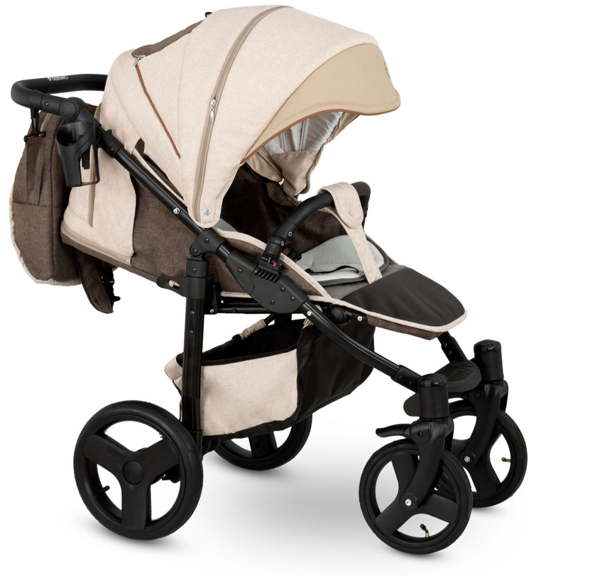 Прогулочная коляска Camarelo Elf экокожа черная рама светло-бежевый джинс/бежевый